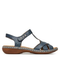 Sandały Rieker. Niebieskie sandały damskie Rieker, bez wzorów, bez obcasa, na płaskiej podeszwie, bez zapięcia. Za 223.99 zł.