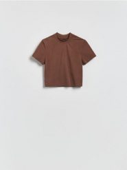 T-shirt z bawełną - ciemnobrązowy. Brązowe t-shirty damskie Reserved, l, bez wzorów, z bawełny, bez kołnierzyka. Za 25.99 zł.