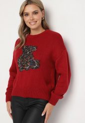 Bordowy Sweter z Wiskozy Ozdobiony Misiem i Cekinami Lilimi. Czerwone swetry damskie Born2be, l, bez wzorów, z jeansu, eleganckie, bez kołnierzyka, bez ramiączek, długie, bez kaptura. Za 129.99 zł.