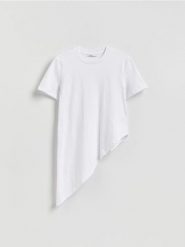Asymetryczny t-shirt - biały. Białe t-shirty damskie Reserved, l, bez wzorów, z bawełny, z asymetrycznym kołnierzem. Za 89.99 zł.