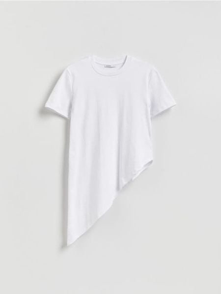 Asymetryczny t-shirt - biały. Białe t-shirty damskie Reserved, l, bez wzorów, z bawełny, z asymetrycznym kołnierzem. Za 89.99 zł.