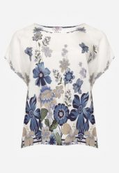 Niebieska Wiskozowa Bluzka w Kwiaty Talina. Niebieskie bluzki damskie Born2be, l, bez wzorów, z jeansu, eleganckie, bez kołnierzyka, bez ramiączek. Za 49.99 zł.