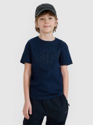 4F T-shirt z nadrukiem chłopięcy - granatowy 134 (8-9 lat). Niebieskie t-shirty dla chłopców 4f, bez wzorów, z bawełny, bez ramiączek. Za 39.99 zł.