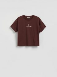 Bawełniany t-shirt z nadrukiem - ciemnobrązowy. Brązowe t-shirty damskie Reserved, l, bez wzorów, z bawełny, bez kołnierzyka. Za 39.99 zł.