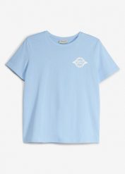 T-shirt z nadrukiem na plecach z czystej bawełny organicznej. Niebieskie koszule dla chłopców bonprix, bez wzorów, z bawełny, bez kołnierzyka, bez ramiączek. Za 39.99 zł.