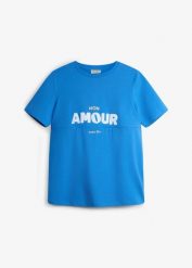 T-shirt 2w1 na okres ciąży i do karmienia z bawełny organicznej. Niebieskie t-shirty damskie bonprix, bez wzorów, z bawełny, bez kołnierzyka. Za 77.99 zł.