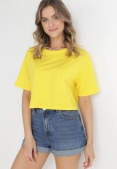 Żółty Krótki T-shirt Oversize Lilu. Żółte bluzki damskie Born2be, l, bez wzorów, z bawełny, eleganckie, bez kołnierzyka. Za 29.99 zł.
