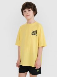 4F T-shirt oversize z nadrukiem chłopięcy - żółty 134 (8-9 lat). Żółte t-shirty dla chłopców 4f, bez wzorów, z bawełny, bez ramiączek. W wyprzedaży za 19.99 zł.