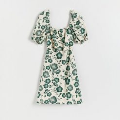 Sukienka z bufiastymi rękawami - beżowy. Brązowe sukienki damskie Reserved, l, bez wzorów, z bawełny, klasyczne, bez kołnierzyka, bez ramiączek. W wyprzedaży za 39.99 zł.