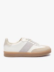 Kremowe sneakersy z szarym paskiem. Brązowe obuwie sportowe damskie Ryłko, bez wzorów, ze skóry. Za 449.99 zł.