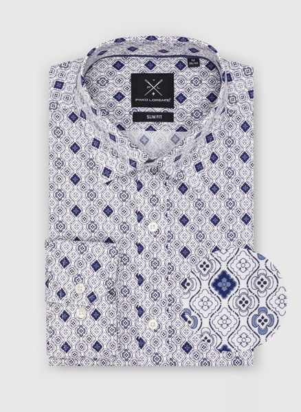 PAKO LORENTE – Męska koszula w kolorze białym w granatowy wzór. Białe koszule męskie Pako Lorente, m, bez wzorów, z bawełny, klasyczne, bez kołnierzyka, bez ramiączek. Za 79.99 zł.