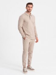 Komplet męski dresowy bluza z kołnierzem polo + spodnie - beżowy V2 Z71 - XXL. Brązowe bluzy męskie Ombre Clothing, l, bez wzorów, z bawełny, bez kaptura. Za 209.99 zł.