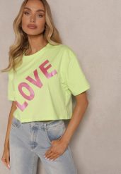 Zielony Krótki T-shirt Oversize z Bawełny z Ozdobnym Napisem Sanillva. Zielone bluzki damskie Renee, m, bez wzorów, z bawełny, bez kołnierzyka, bez ramiączek. Za 39.99 zł.