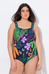 Damski Kostium kąpielowy kwiaty miękkie miseczki 4 ramiączka. Czarne kostiumy jednoczęściowe damskie Ulla Popken, plus size, bez wzorów, z elastanu, plus size, do pływania. Za 201.99 zł.