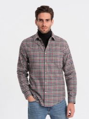 Męska flanelowa koszula w kratę - granatowo-czerwona V3 OM-SHCS-0150 - L. Czerwone koszule męskie Ombre Clothing, l, bez wzorów, z bawełny, klasyczne, bez kołnierzyka, bez ramiączek. W wyprzedaży za 79.99 zł.