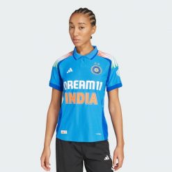 Koszulka India Cricket One Day International. Niebieskie t-shirty damskie Adidas, s, z aplikacjami, z bawełny, klasyczne, bez kołnierzyka. Za 129.50 zł.