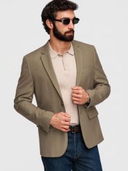 Męska elegancka marynarka SLIM FIT z rayonem – oliwkowa V5 - Rozmiar: M. Zielone marynarki męskie Ombre Clothing, bez wzorów, z materiału, eleganckie. W wyprzedaży za 419.99 zł.