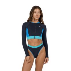 Damska koszulka typu rashguard Salty Crew Break. Czarne koszulki sportowe damskie SALTY CREW, bez wzorów, sportowe, bez kołnierzyka. Za 419.50 zł.