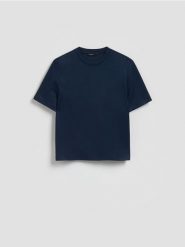Bluzka z wiskozą - granatowy. Niebieskie bluzki damskie Reserved, l, bez wzorów, z dzianiny, bez kołnierzyka, bez ramiączek. Za 79.99 zł.