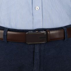 Pasek męski skórzany 3,5 cm klamra automatyczna Beltimore brązowy 52-551 : Kolory - brązowy, beżowy, Rozmiar pasków - r.115-130 cm. Brązowe paski damskie bez wzorów, ze skóry, wizytowe. Za 64.99 zł.