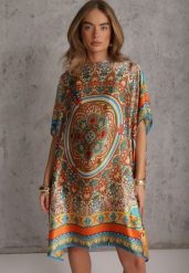 Pomarańczowe Satynowe Ponczo z Jedwabiem i Wiskozą w Stylu Boho Prixeis. Brązowe swetry damskie Renee, uniwersalny, bez wzorów, z jedwabiu, boho, bez kołnierzyka, bez ramiączek, bez kaptura. Za 59.99 zł.