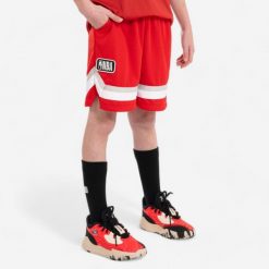 Spodenki do koszykówki dla dzieci NBA SH900 Chicago Bulls. Czerwone spodenki dla dziewczynek TARMAK, bez wzorów, z materiału, klasyczne, z standardowym stanem. Za 79.99 zł.