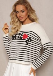 Beżowo-Czarny Sweter z Napisem Smile i Wzorem w Paski Suwaia. Brązowe swetry damskie Renee, z aplikacjami, casualowe, bez kołnierzyka, bez ramiączek, długie, bez kaptura. Za 109.99 zł.
