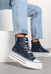 Granatowe Trampki Jeansowe z Serduszkami na Platformie Benirea. Niebieskie trampki i tenisówki dziewczęce Renee, na lato, z aplikacjami, z jeansu, bez zapięcia. Za 99.99 zł.