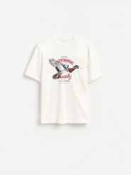 T-shirt oversize z nadrukiem - złamana biel. T-shirty męskie Reserved, l, bez wzorów, z bawełny, bez kołnierzyka. Za 69.99 zł.