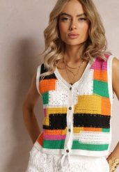 Biało-Żółty Top z Bawełnianej Dzierganej Tkaniny Zapinany na Guziki Kawayne. Białe bluzki damskie Renee, bez wzorów, z bawełny, boho, bez kołnierzyka, bez ramiączek. Za 69.99 zł.
