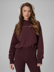 4F Bluza dresowa regular z kapturem damska - brązowa L. Brązowe swetry damskie 4f, l, bez wzorów, z dresówki, bez kołnierzyka, bez ramiączek, z kapturem. Za 159.99 zł.