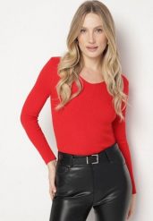 Czerwony Dopasowany Sweter z Prążkowanej Dzianiny z Bawełną z Dekoltem w Serek Tesma. Czerwone swetry damskie Born2be, uniwersalny, bez wzorów, z bawełny, eleganckie, bez kołnierzyka, bez ramiączek, długie, bez kaptura. Za 49.99 zł.
