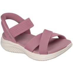 Sandały damskie Skechers Ultra Flex 3.0 Nev. Czerwone sandały damskie Skechers, bez wzorów, z materiału, bez obcasa, bez zapięcia. Za 490.00 zł.
