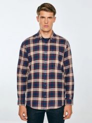 Koszula męska flanelowa w kratę granatowa Flaneno 403. Niebieskie koszule męskie Big Star, l, bez wzorów, z tkaniny, casualowe, bez kołnierzyka, bez ramiączek. Za 229.99 zł.