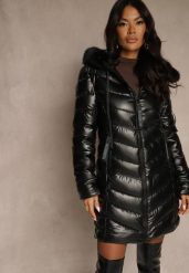 Czarna Taliowana Kurtka z Pikowanymi Przeszyciami i Kapturem z Futrem Nalidea. Czarne kurtki damskie Renee, l, bez wzorów, z jeansu. Za 219.99 zł.