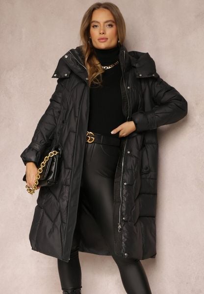 Czarna Kurtka Pikowana Długa z Paskiem i Saszetką Cythine. Czarne kurtki damskie Renee, l, bez wzorów. Za 239.99 zł.