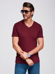 Bawełniana klasyczna męska koszulka z dekoltem w serek BASIC – bordowa V10 - Rozmiar: L. Czerwone t-shirty męskie Ombre Clothing, l, bez wzorów, z bawełny, klasyczne, bez kołnierzyka. W wyprzedaży za 29.99 zł.
