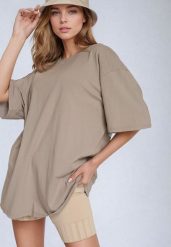 Beżowy Bawełniany T-shirt Koszulka z Krótkim Rękawem Bevima. Brązowe bluzki damskie Born2be, bez wzorów, z bawełny, bez kołnierzyka. Za 59.99 zł.
