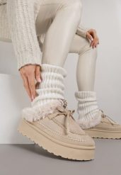 Beżowe Rustykalne Śniegowce z Niską Cholewką Zdobione Futrem i Kokardą Tuspena. Brązowe śniegowce i trapery damskie Renee, z dzianiny, przed kostkę. Za 99.99 zł.