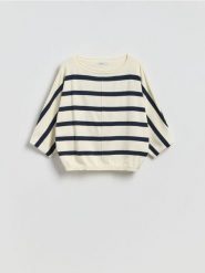 Bawełniany sweter w paski - wielobarwny. Swetry damskie Reserved, l, bez wzorów, z bawełny, bez kołnierzyka, bez ramiączek, bez kaptura. Za 99.99 zł.