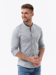Bawełniana męska koszula SLIM FIT ze stójką w kolorowe paski – szara V5. Czarne koszule męskie Ombre Clothing, m, bez wzorów, z bawełny, casualowe, bez kołnierzyka, bez ramiączek. W wyprzedaży za 109.99 zł.