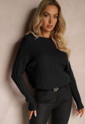 Czarny Sweter z Bawełną Wiskozą i Ozdobnym Splotem Viacelia. Czarne swetry damskie Renee, l, bez wzorów, z bawełny, biznesowe, bez kołnierzyka, bez ramiączek, długie, bez kaptura. Za 84.99 zł.