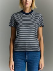 Bawełniany t-shirt w paski - granatowy. Niebieskie t-shirty damskie Reserved, l, bez wzorów, z bawełny, bez kołnierzyka. Za 99.99 zł.