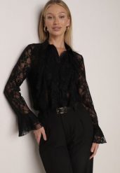 Czarna Koszula Koronkowa z Wiskozy z Bawełną Ozdobiona Falbanami Hermerine. Czarne bluzki damskie Born2be, m, bez wzorów, z bawełny, eleganckie, bez kołnierzyka, bez ramiączek. Za 139.99 zł.