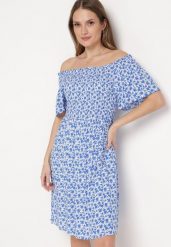 Niebieska Wiskozowa Sukienka Mini z Hiszpańskim Dekoltem w Kwiatowy Print Ijorilda. Niebieskie sukienki damskie Born2be, na lato, m, bez wzorów, z wiskozy, bez kołnierzyka, bez ramiączek, mini. Za 59.99 zł.