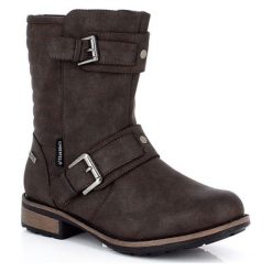 Botki "Elfie" w kolorze brązowym. Brązowe botki damskie Kimberfeel, z materiału, bez obcasa, bez zapięcia. W wyprzedaży za 241.95 zł.