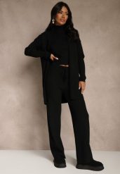 Czarny Komplet z Dzianiny z Wiskozą Spodnie Bluzka ze Stójką i Kardigan Vetisene. Czarne kardigany damskie Renee, l, bez wzorów, z dzianiny, długie. Za 189.99 zł.