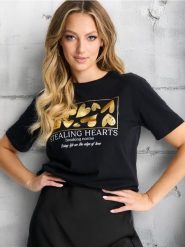 Koszulka - czarny. Czarne t-shirty damskie Sinsay, l, z aplikacjami, bez kołnierzyka. W wyprzedaży za 17.99 zł.