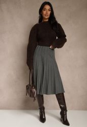 Ciemnoszara Dzianinowa Spódnica Plisowana o Rozkloszowanym Kroju Tuswia. Szare spódnice damskie Renee, l, z aplikacjami, z dzianiny, klasyczne, z podwyższonym stanem, midi, proste. Za 69.99 zł.
