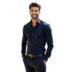 Elastyczna granatowa gładka koszula męska Y91. Koszule męskie Modini Moda Męska, m, bez wzorów, z bawełny, casualowe, bez kołnierzyka, bez ramiączek. W wyprzedaży za 179.10 zł.